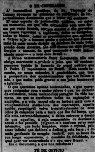 Texto publicado no Jornal do Commercio, de 18 de maio de 1891, introduzindo a Fé do Ofício, de autoria de Pedro II