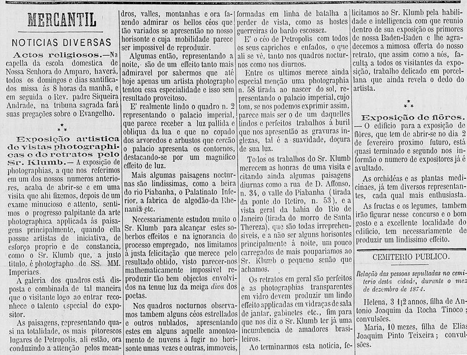 Crítica da exposição das fotografias de Klumb, O Mercantil, 9 de janeiro de 1875