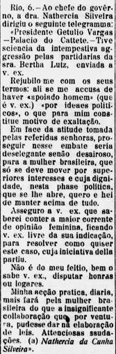 Carta de Natércia ao presidente Getúlio Vargas / O Estado (SC), 7 de julho de 1932