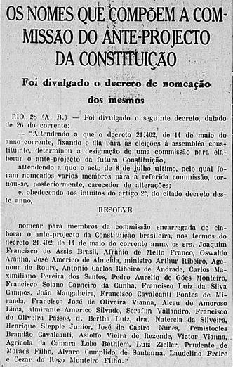 Lista dos nomeados par a Comissão do Ante-Projeto da Constituinte / A Federação, Órgão do Partido Republicano, 28 de outubro de 1932