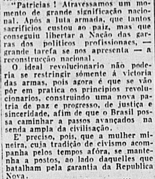 Início do manifesto às mulheres mineiras feito por Elvira Komel / A Noite, 23 de março de 1931