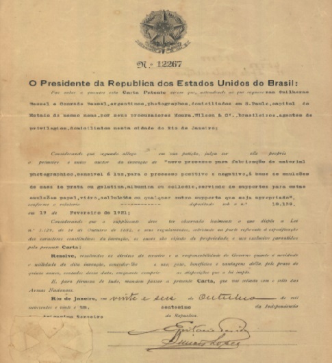 Carta patente da fómula de Conrado Wessel / Fundação Conrado Wessel