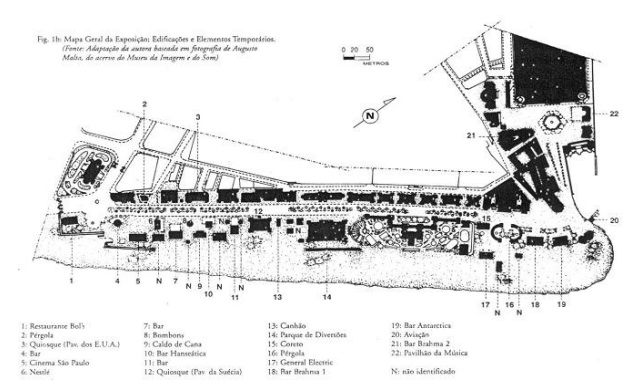 Mapa geral da Exposição, destacando edificações e elementos temporários. Fonte: MARTINS, 1998, p.122.