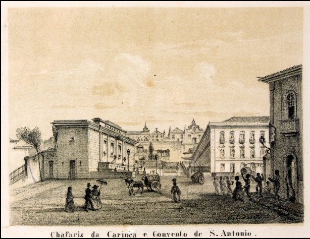 Gravura de Carlos Linde. Chafariz da Carioca e Convento de S. Antônio, 1860 / in Brasiliana Iconográfica