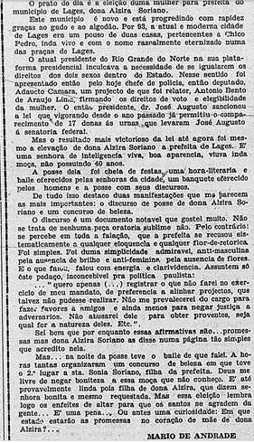 Coluna "Turista Aprendiz", de Mário de Andradee, publicada em de 2 de fevereiro de 1929, comentando a eleição de Alzira Soriano