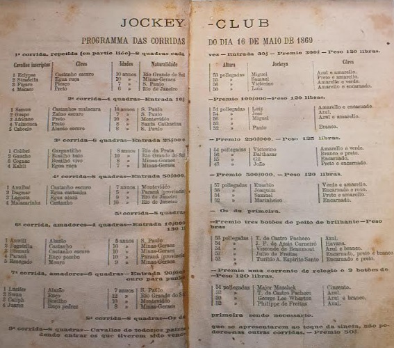 Programa das corridas do dia 16 de maio de 1869