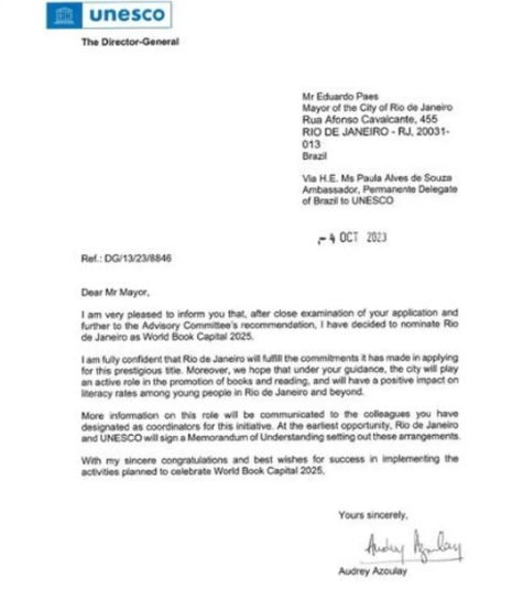 Carta enviada pela UNESCO à Prefeitura do Rio de Janeiro