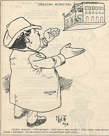 Arthur de Azevedo e Theatro Municipal, caricatura de Klixto / O Malho, 11 de julho de 1903