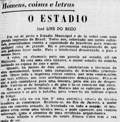 José Lins do REgo sobre o Estádio do Maracanã / O Jornal, 17 de junho de 1950
