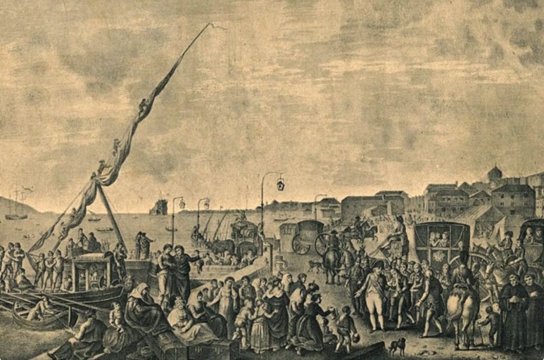 Embarque do príncipe regente de Portugal, Dom João, e toda família real para o Brasil no cais de Belém, na cidade de Lisboa, em novembro de 1807. A corte portuguesa chegaria ao Brasil em janeiro de 1808. Pintura de Henry L’Évêque (1768-1845). Biblioteca Nacional de Portugal.